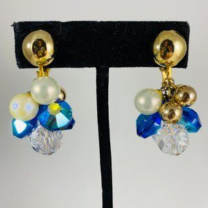 Gorgeous vintage cluster drop earrings with AB and iridescent crystals Clip On